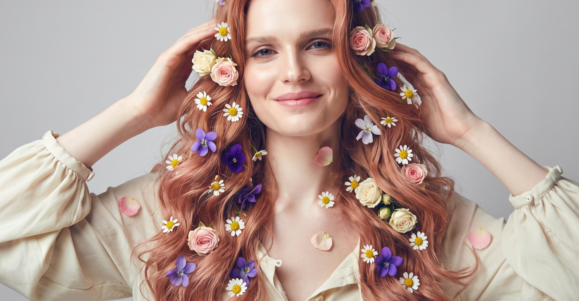 immagine di una ragazza rossa, con capelli molto lunghi, con tanti fiori nei capelli